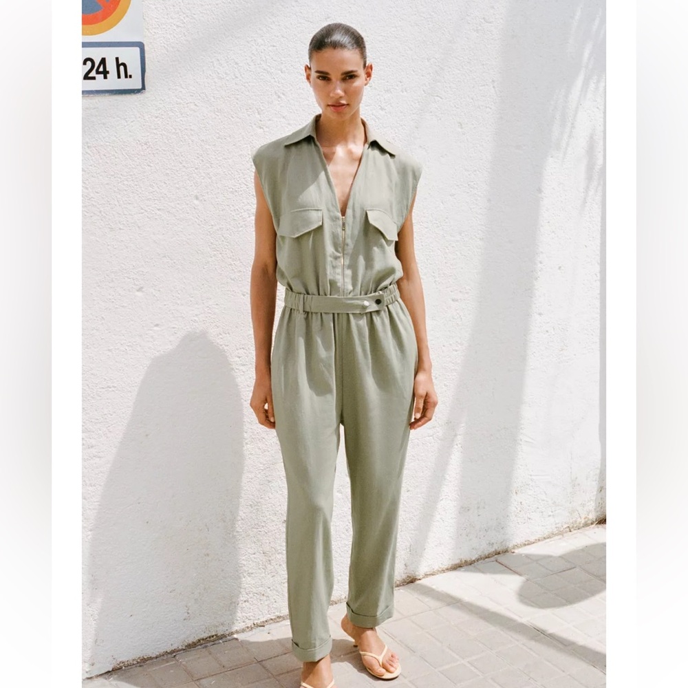 Zara NWT linen belted long jumpsuit 8166/709